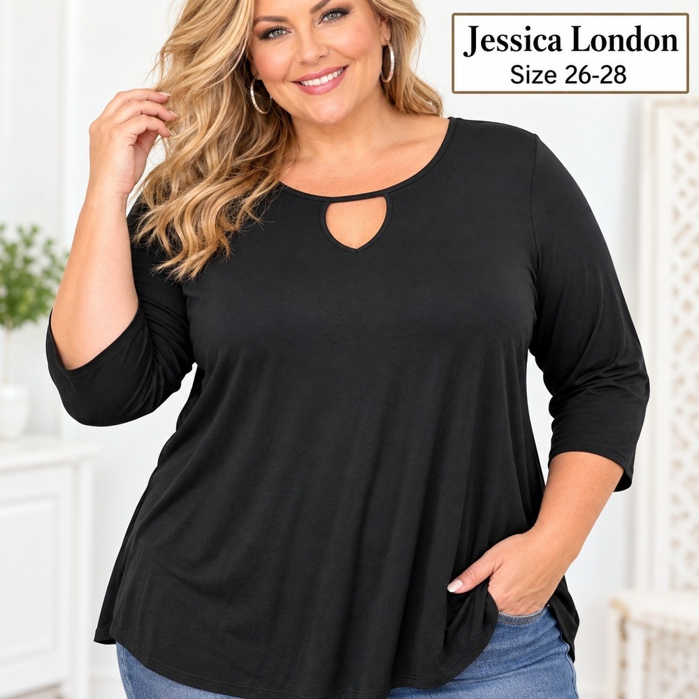 Jessica London Black Keyhole Neck 3/4 Sleeve Knit Top Plus Size 26/28